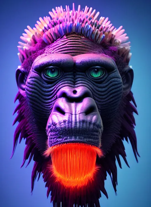 Image similar to 3 d ape shaman profile portrait, sigma 5 0 0 mm f / 5. beautiful intricate highly detailed quetzalcoatl head and feathers. bioluminescent, plasma, lava, ice, water, wind, creature, thunderstorm! artwork by tooth wu and wlop and beeple and greg rutkowski, 8 k trending on artstation,