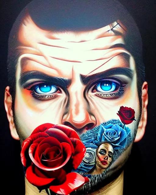 Prompt: split face of a man with pistol and roses in a deep sea with intricate details by Sandra Chevrier with half image