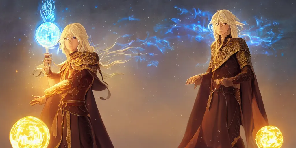 Image similar to a male elven sorcerer with honey blond medium long hair in a leather armor, wearing a cape, holding a glowing orb, dungeon background, magical, bright, colorful, fantastic lighting, amazing details, 4 k uhd, illustration by hayao miyazaki and makoto shinkai and ilya kuvshinov, artstation, pixiv,