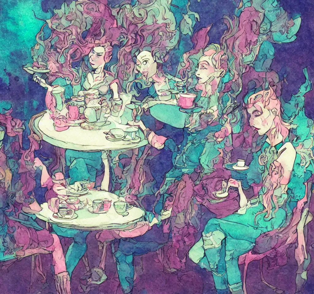 Image similar to soldier of chaos, mischief and beauty having tea alone at a table in a pastel fantasy land, surreal, glitched watercolor, chromatic abberation, trending on artstation, in the style of james jean feint, inspired by art nouveau