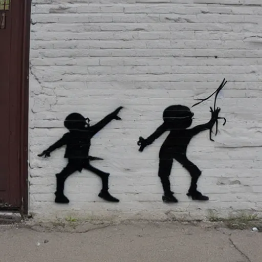 Prompt: 2 rubberband boys made by banksy