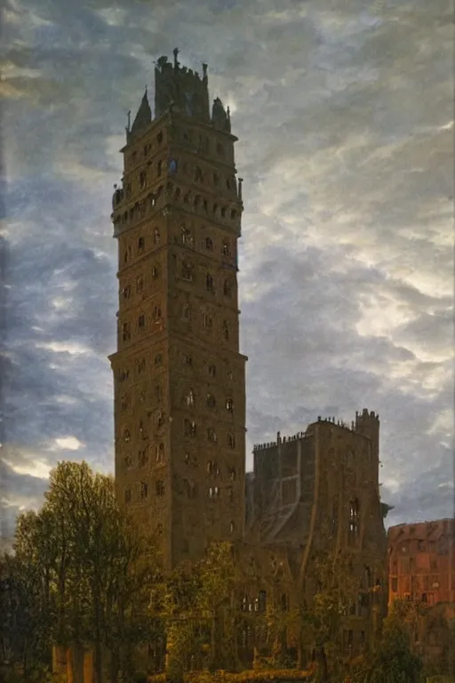 Prompt: view of the old tower and its gardens after a storm, tall windows lit up, beautiful ornamental architecture, dramatic cinematic lighting, rich colors, by Caspar David Friedrich and Diego Rivera and ford madox brown, smooth, sharp focus, extremely detailed, featured on artstation