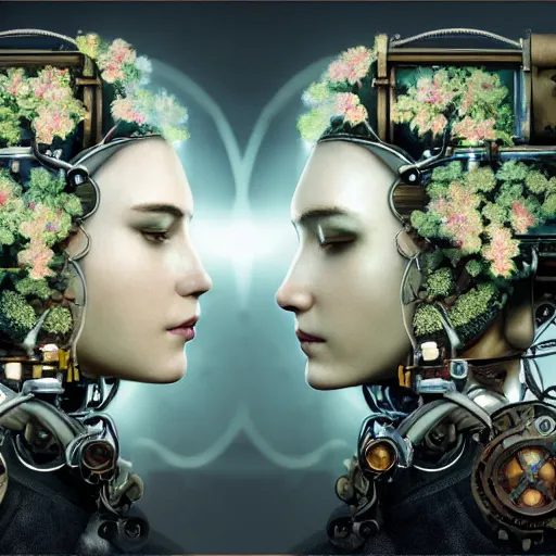 Image similar to a beautiful ultradetailed fine art RPG portrait photo of a mechanical industrial steampunk yin yang symbol, overgrown with morning glory flowers, montsera leaves by tom bagshaw and zach sutton, golden ratio composition, soft studio lighting, soft vignette, 50mm lens, very detailed, bionic, cybernetic scifi, deep depth of field, artstation, 8K, highly coherent