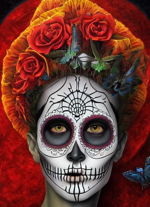 Image similar to dia de los muertos theme surrealist art in the styles of igor morski, jim warren, and saner, intricate, hyperrealistic, accurate facial details, profile picture with chromakey!!!!! background, volumetric lighting