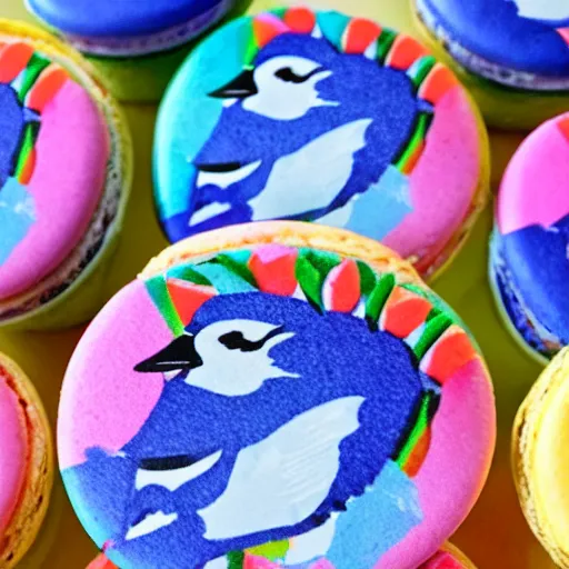 Image similar to A blue jay standing on a large basket of rainbow macarons.