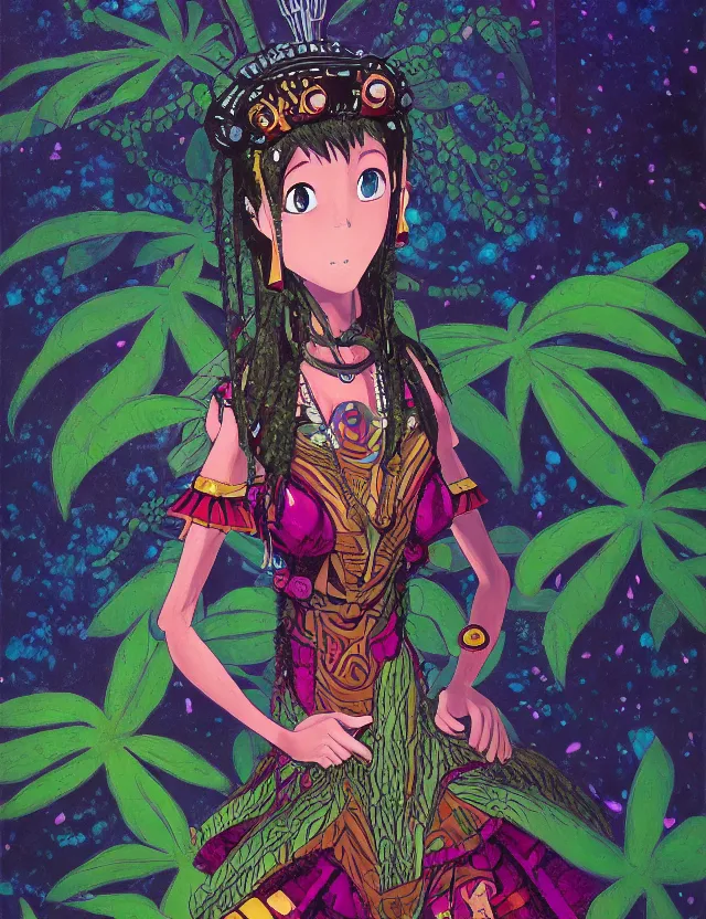 Prompt: aztec scifi princess of the lichen rainforest, wearing a lovely dress. this oil painting by the award - winning mangaka has an interesting color scheme, plenty of details and impeccable lighting.