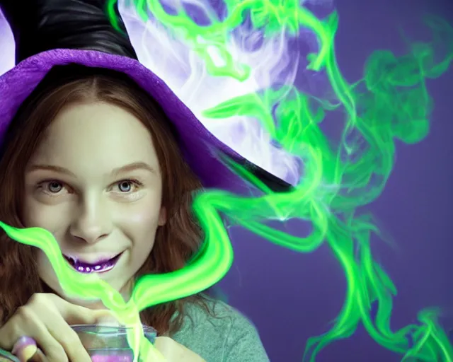 Image similar to close up portrait, happy teen witch and her cat mixing a spell in a cauldron, faint wispy green and purple smoke fills the air, a witch hat, cinematic, green glowing smoke is coming out of the cauldron, ingredients on the table, apothecary shelves in the background, scary stories to tell in the dark book cover, goosebumps