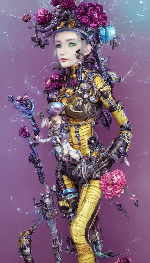 Image similar to full body head to toe portrait of a flowerpunk sci-fi cyborg rogue, third person, D&D, sci-fi fantasy, intricate, blue and gold, daisy and rose and peony, highly detailed, art by Range Murata, highly detailed, 3d, octane render, bright colors, digital painting, trending on artstation, sharp focus, illustration style of Stanley Artgerm, dramatic background