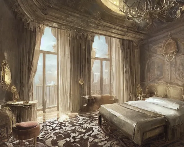 Prompt: a luxury hotel! suite room in the style of shakespearean! london!, art by greg rutkowski and artgerma, stunning! concept art, interior! design