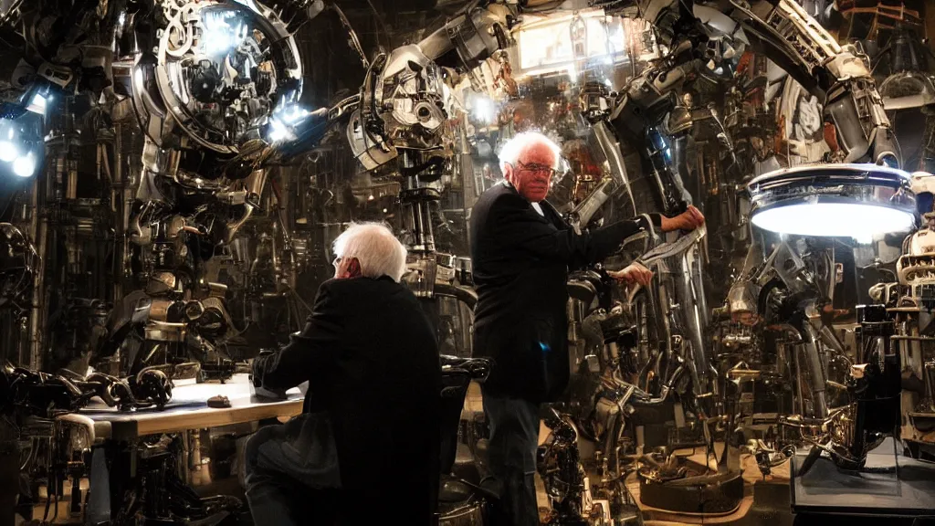 Image similar to bernie sanders putting the finishing touches on a complex magical clockwork doomsday robot, cinematic moody lighting, sharp focus, imax