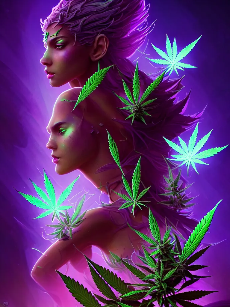 Image similar to epic scale cinematic full body marijuana goddess character concept perfect focus closeup macro photography of a beautiful marijuana bud crystals trichomes, densely packed buds of weed neon blacklight, sacred dmt weed superheroine visionary fantasy art by greg rutkowski android jones artgerm alphonse chroma rule of thirds golden ratio alien plants