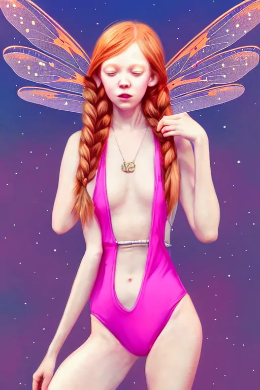 Image similar to beautiful full body portrait of a ginger woman in pigtails, wearing a sparkling pink one piece swimsuit with giant! dragonfly wings, by wlop and artgerm, steampunk! fiction, detailed eyes, starry background, trending, on artstation.