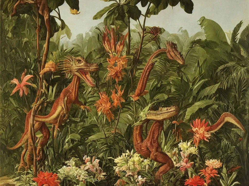 Image similar to tyrannosaurus rex, tropical plants in background, botanical, large exotic flowers, biology, painted by john audubon