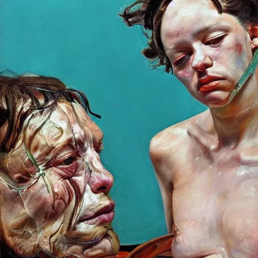 Prompt: high quality high detail painting by lucian freud and jenny saville, hd, trending on pinterest, turquoise