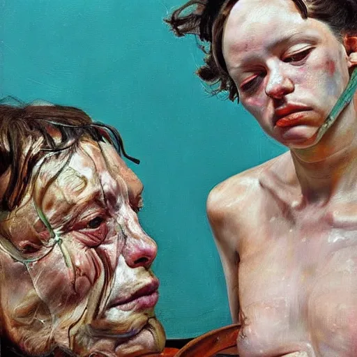 Image similar to high quality high detail painting by lucian freud and jenny saville, hd, trending on pinterest, turquoise