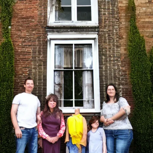 Prompt: family photograph in front of an old house, a ghostly face is visible in one of the windows