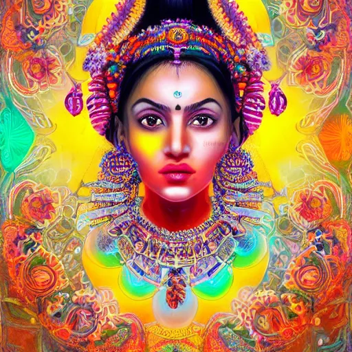 Image similar to the face of a ridiculously beautiful and pretty indian woman partially made of onion rings of all colors looking up, an ultrafine detailed illustration by james jean, final fantasy, intricate linework, bright colors, behance contest winner, vanitas, angular, altermodern, unreal engine 5 highly rendered, global illumination, radiant light, detailed and intricate environment