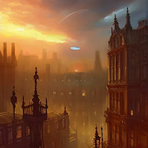 Image similar to a beautiful artwork painting of an alien mothership hovering above rainy victorian london at sunset, by andreas rocha, featured on artstation