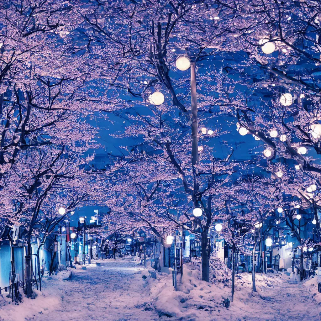 Prompt: anime tokyo in blue tones with some edison bulbs, snow, ornamental cherry trees and a distant mount fuji