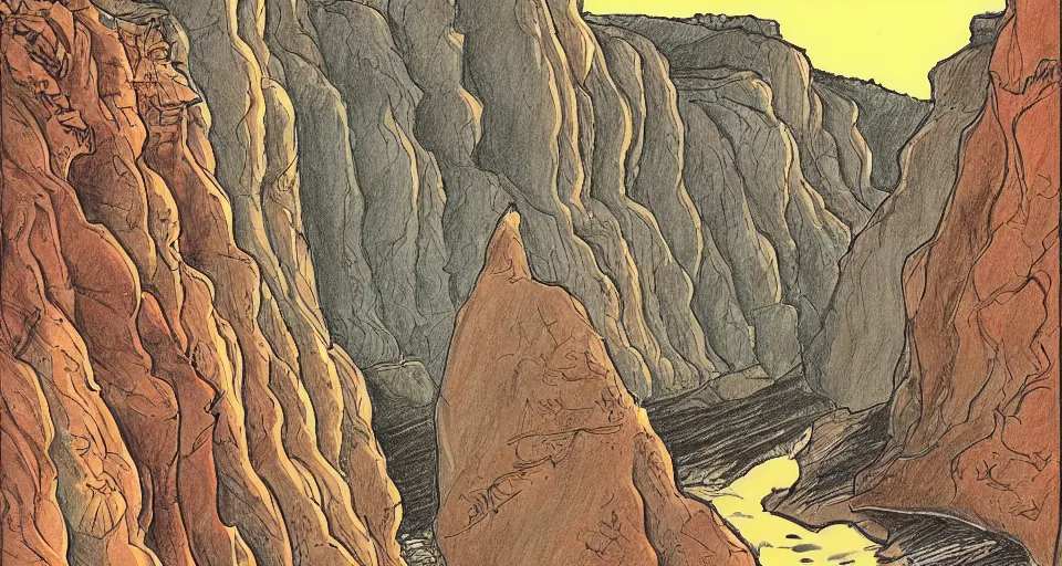 Prompt: a drawing of a canyon, an album cover by alson s. clark, tumblr contest winner, underground comix, concert poster, official art, poster art