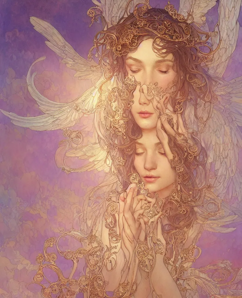 Image similar to an angel, highly detailed, very intricate, art nouveau, gold filigree, romantic storybook fantasy, soft cinematic lighting, award - winning, disney concept art watercolor illustration by mandy jurgens and alphonse mucha and alena aenami, pastel color palette, featured on artstation