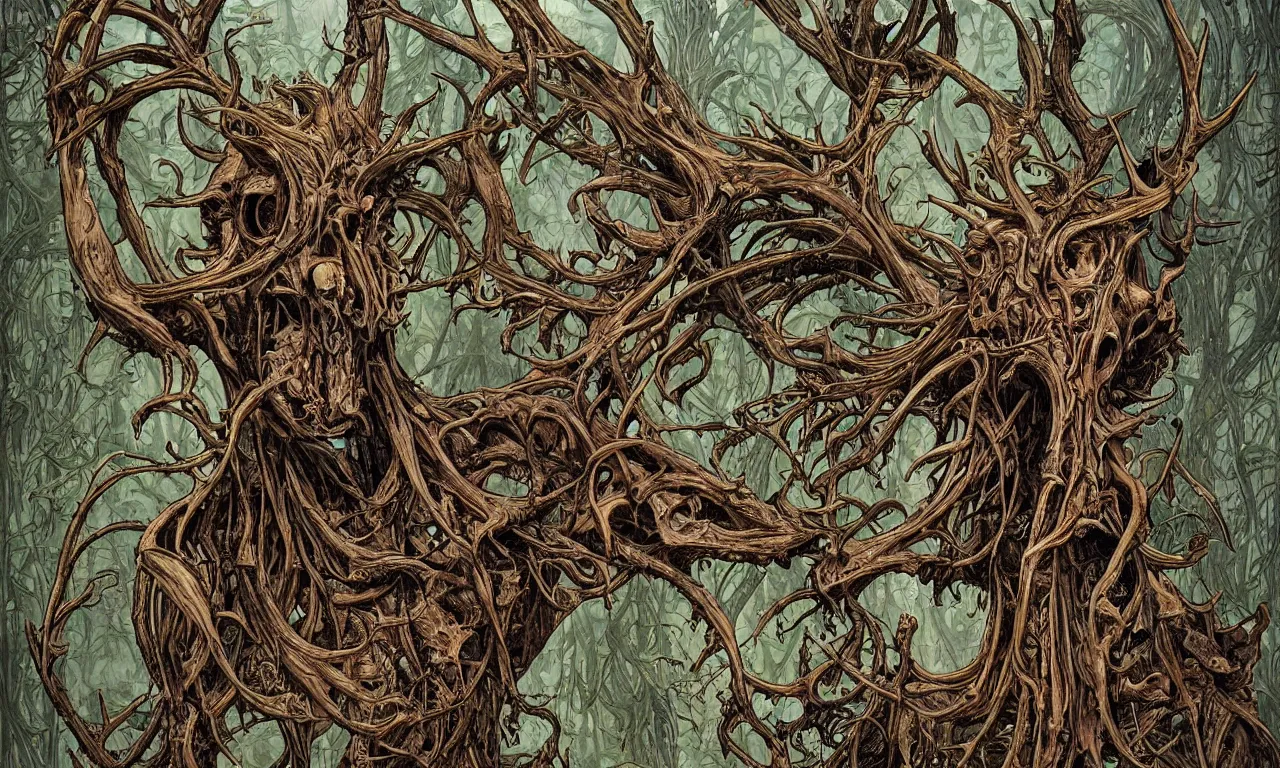 Image similar to hyperdetailed art nouveau portrait of treebeard as a cthulhu eyeball moose skull wendigo cryptid monster, by geof darrow, simon bisley and bill sienkiewicz, grim yet sparkling atmosphere, photorealism, claws, skeleton, antlers, fangs, forest, wild, bizarre, horror, lynn varley, lovern kindzierski, steve oliff