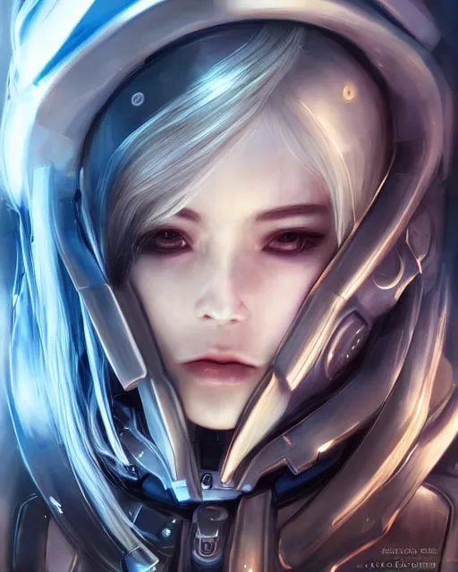 Image similar to detailed portrait of perfect android girl, warframe armor, beautiful face, scifi, futuristic, space station, laboratory, song hye - kyo, dreamy, long white hair, blue cyborg eyes, cinematic lighting, innocent, highly detailed, sharp focus, smooth, artstation, intricate, award winning, pure aura, divine, by akihiko yoshida