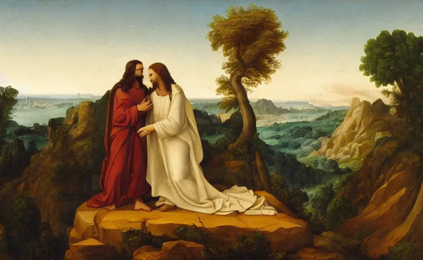 Image similar to jesus and mary magdalene standing on a cliff looking over a beautiful landscape, paradise, arcadia
