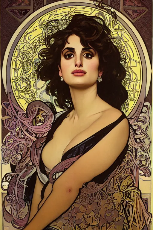 Image similar to portrait of penelope cruz, artwork by alphonse mucha