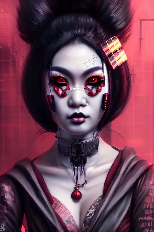 Image similar to ebony asian geisha yakuza gothic cyborg, cyberpunk city, urban decay, decay, underworld, dark art, highly detailed, digital painting, octane render, artstation, concept art, smooth, sharp focus, illustration, art by artgerm, loish, wlop