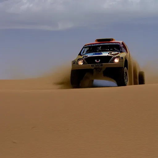 Image similar to grey Honda Civic 2001 jumping over dune desert in the 2003 Dakar rally. Many spectators watch large crowd. stock 2001 Honda civic with rusted panels old. Cannon Photo 45mm wide angle full view un cropped. 720p photo by Jesse Alexander.