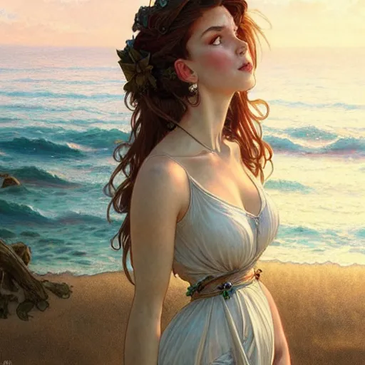 Prompt: A beautiful woman wearing a sundress on the beach, D&D, fantasy, intricate, elegant, highly detailed, digital painting, artstation, concept art, matte, sharp focus, illustration, art by Artgerm and Greg Rutkowski and Alphonse Mucha