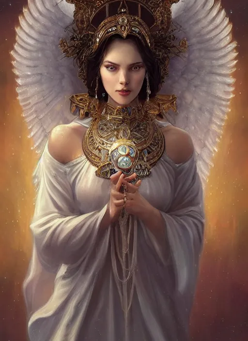 Image similar to A beautiful digital painting of a female Seraphim full of jewels, princess, the moon behind her, intricate, cinematic lighting, highly detailed, digital painting, Artstation, concept art, smooth, sharp focus, illustration, art by Tom Bagshaw, Artgerm and Greg Rutkowski