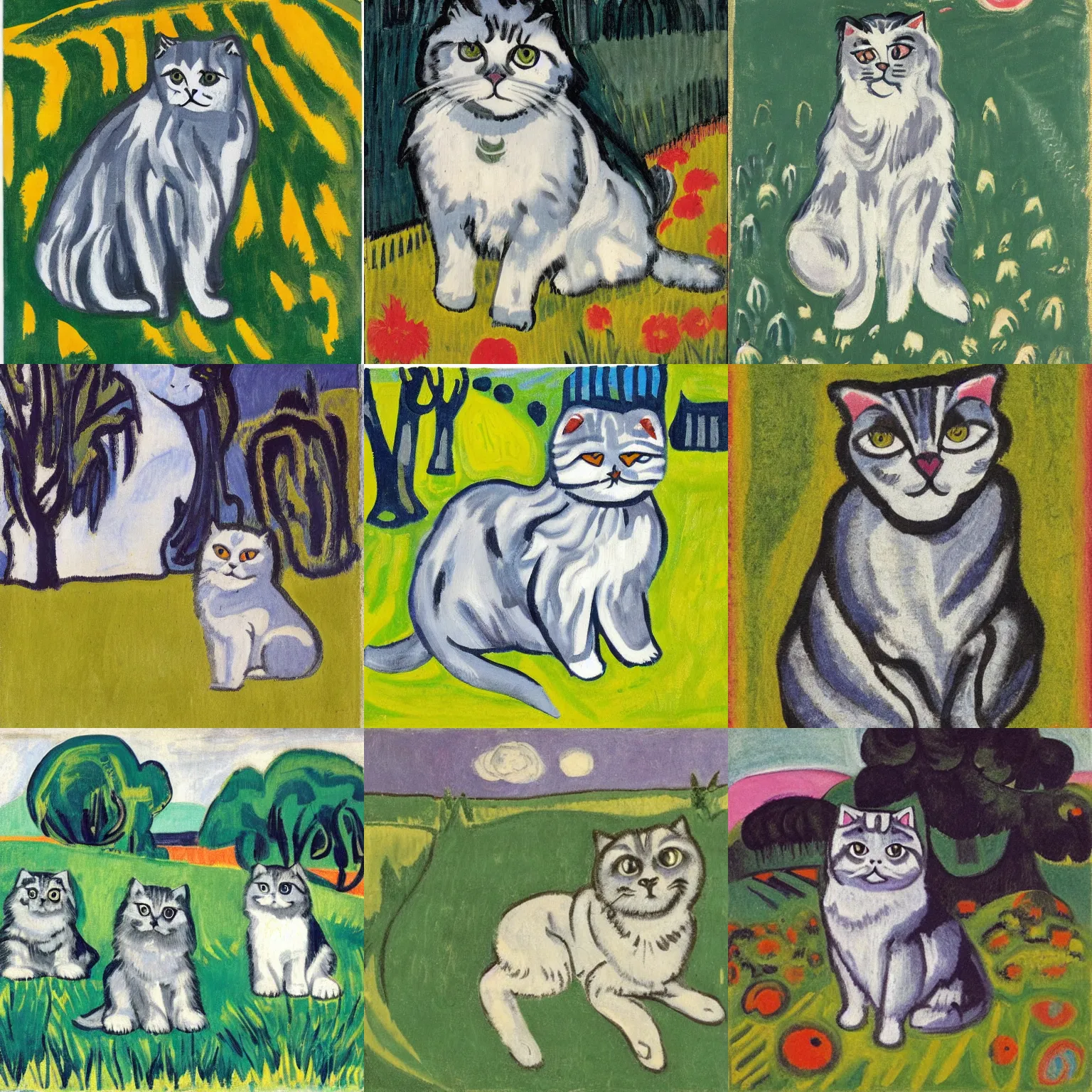 Image similar to a gray scottish fold sitting in the middle of sunny meadow, by ernst ludwig kirchner