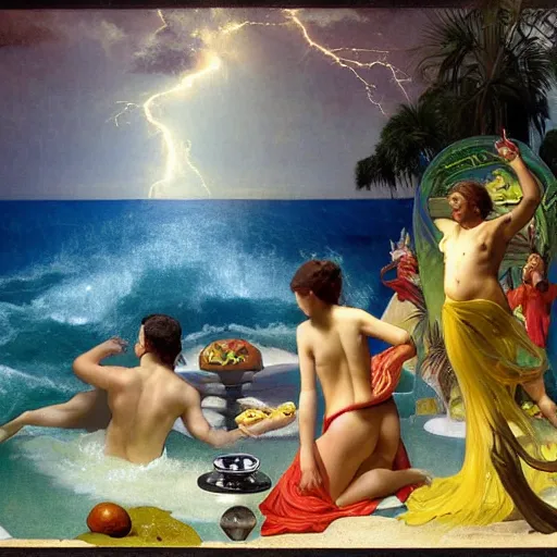 Image similar to The McDonald's Big Mac, extra toppics, mustard, pickles, ketchup, refracted sparkles, thunderstorm, greek pool, beach and Tropical vegetation on the background major arcana sky, by paul delaroche, alphonse mucha and arnold böcklin, hyperrealistic symmetrical 8k, award-winning, very very very detailed