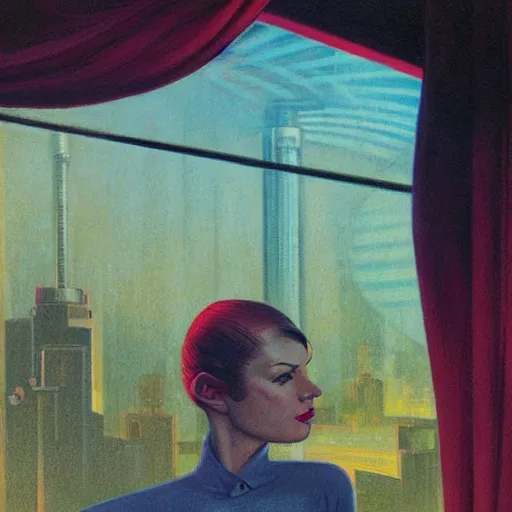 Image similar to detailed face of a woman, clockwork, moment, tectonic sky, skydome, bullet train, turbines, utopian, tech noir, wet reflections, prism, atmospheric, ambient, pj crook, syd mead, livia prima, greg rutkowski, edward hopper