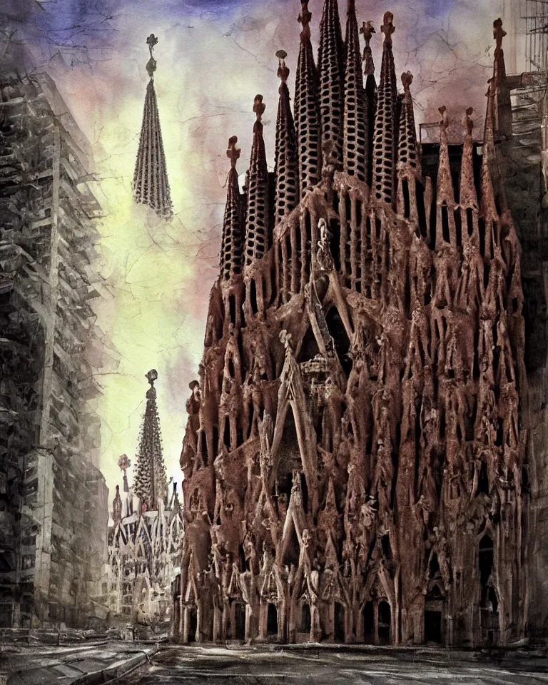 Image similar to abandoned streets, La Sagrada Familia, post-apocalyptic painting, cosmic horror