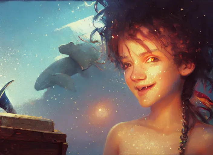 Image similar to full body picture of a pirate girl, looking at the treasure box, hard breathing, messy hair, very excited, smiling, sparkling eyes, magic and fantasy, whale monsters, beautiful and aesthetic and attractive and detailed face, specular reflection, occlusion shadow, intricate, bokeh, masterpiece, by ilya kuvshinov and jeremy lipking and quentin mabille