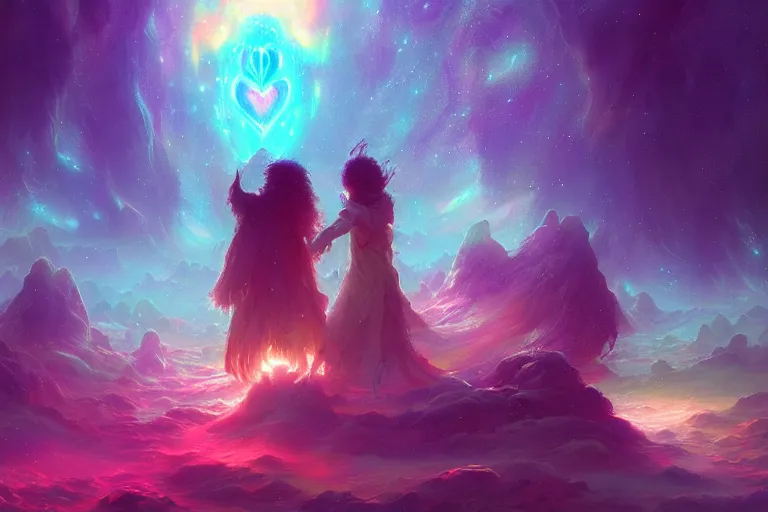 Image similar to a psychedelic realm at the edge of the known universe, astral beings sharing love!!!!, in the style of greg rutkowski! and wlop and lisa frank! and bob ross!!! and ruan jia, illustration, epic, fantasy, hyper detailed, smooth, unreal engine, sharp focus, ray tracing