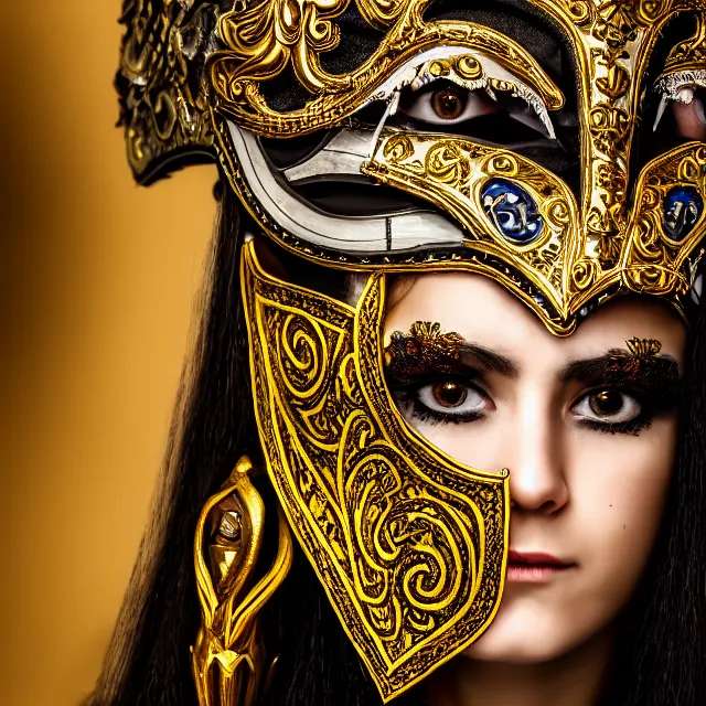 Image similar to portrait photo of a female warrior with ornate venetian mask highly detailed, 4 k, hdr, close up, portrait, smooth, sharp focus, high resolution, award - winning photo