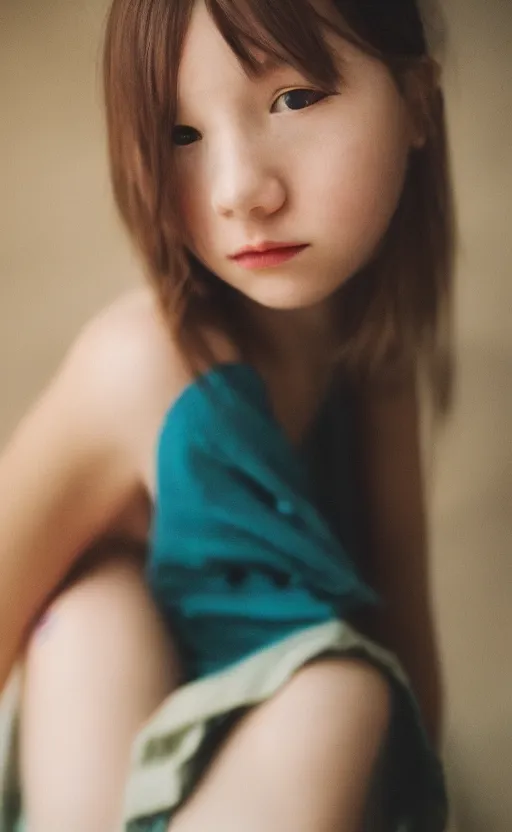 Image similar to portrait of a shy youg girl, beautiful composition, modern color palette, 50mm f1.8, ambient light,