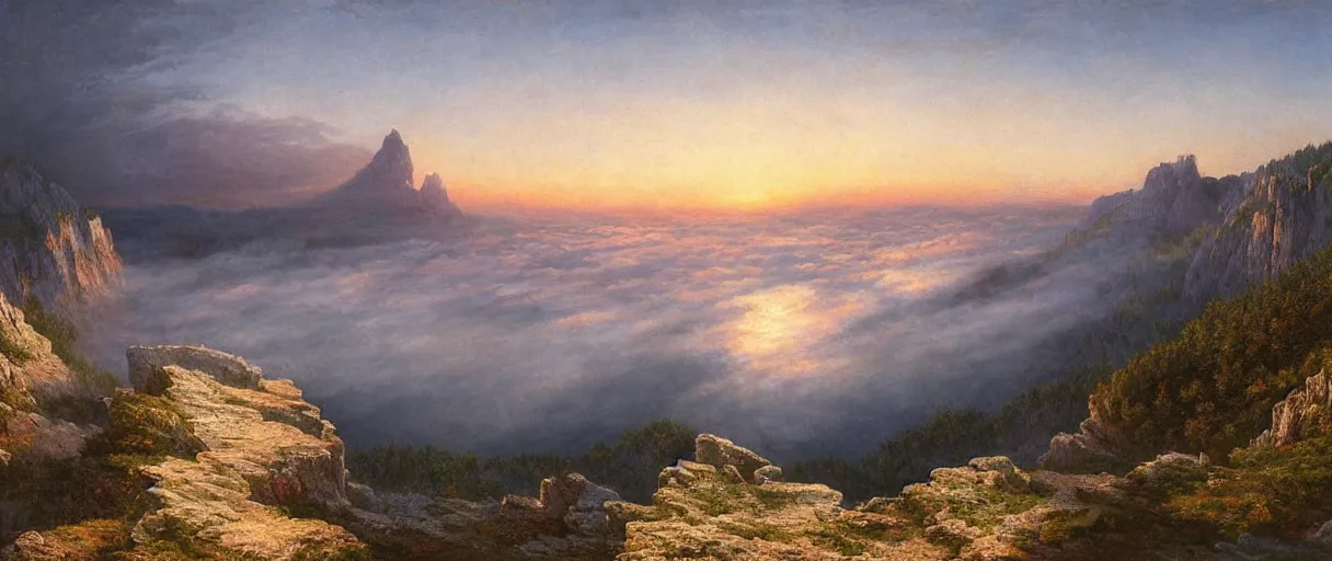 Prompt: a photorealistic breathtaking aerial view of the eastern alps mountain range at sunset, cliffs, fog, hyperrealism, highly detailed, intricate, cinematic, front facing camera, cinematic, epic lighting, 8 k by frederic church, albert bierstadt