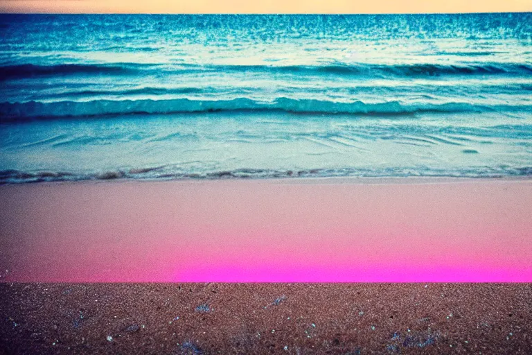 Prompt: a vintage family holiday photo fuji kodak of an empty beach shore with pastel pink iridescent!! sand and reflective metallic water and sunbathing equipment at dusk. refraction, volumetric, light haze.