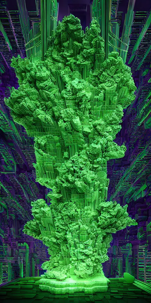 Image similar to 3 d photographic render of a deconstructed asymmetric mandelbulb sculpture, green bioluminescent chrometype, made of liquid purple metal, neotribal with thorns and green thunders, cyberpunk japanese temple, raytraced, hyper realistic, volumetric lightning, 8 k, by zhelong xu, ouchh and and innate studio