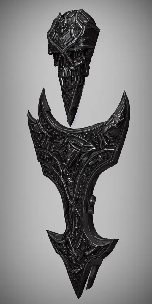 Image similar to a black and silver axe skull crest, ornament, dwarven weapon, by dom qwek, trending on artstation, hard surface modeling