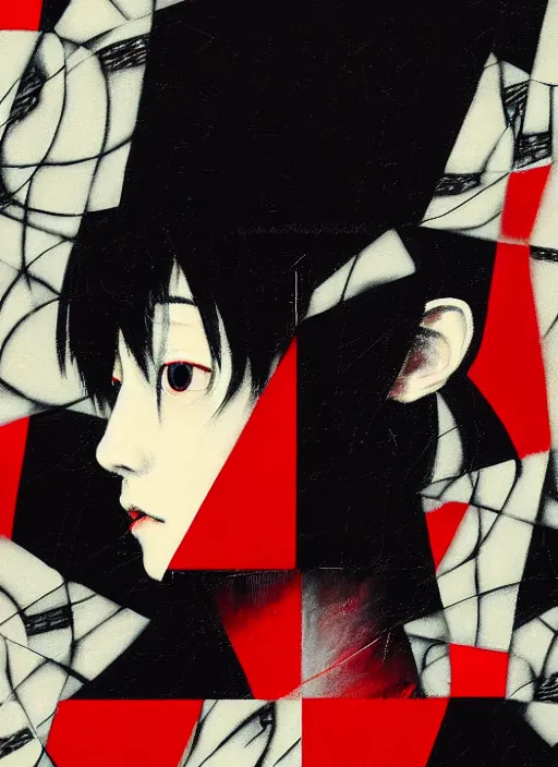 Image similar to red, white and black color palette, yoshitaka amano blurred and dreamy realistic three quarter angle portrait of a young woman with short hair and black eyes wearing office suit with tie, junji ito abstract patterns in the background, satoshi kon anime, noisy film grain effect, highly detailed, renaissance oil painting, weird portrait angle, blurred lost edges