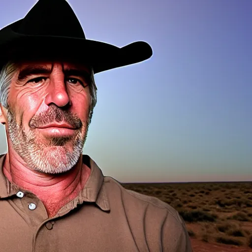 Image similar to professional head shot of jeffery epstein wearing cowboy clothes and standing in the desert, very detailed, very intricate, detailed face,