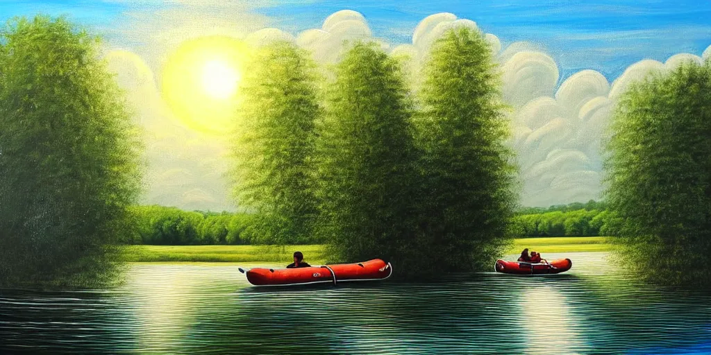 Image similar to A very detailed painting featuring a river in Europe surrounded by trees and fields. A rubber dinghy is slowly moving through the water. Sun is shining. minimalist painting