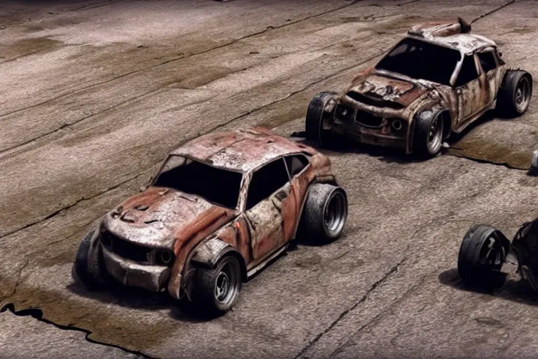 Image similar to smart cars driving in Mad Max Road Warrior, rusted, cobbled together smart car R34 GTR, screenshot, cinematic Eastman 5384 film