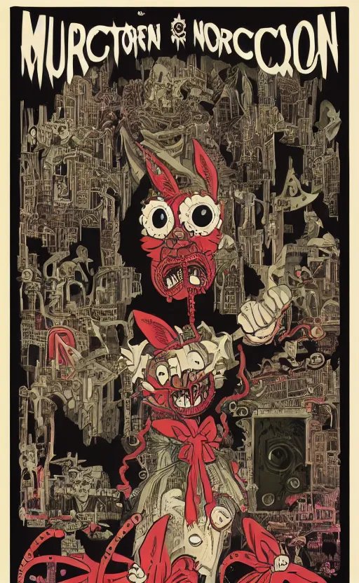 Image similar to cursed with necronomicon horrorcore cel animation poster depicting easter bunny, intricate faces, metropolis, 1 9 5 0 s movie poster, post - processing, vector art